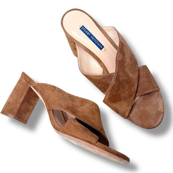 Stuart Weitzman Chestnut Brown Suede Galene Slip On Heeled Mules Women’s Size 9M - Picture 3 of 9